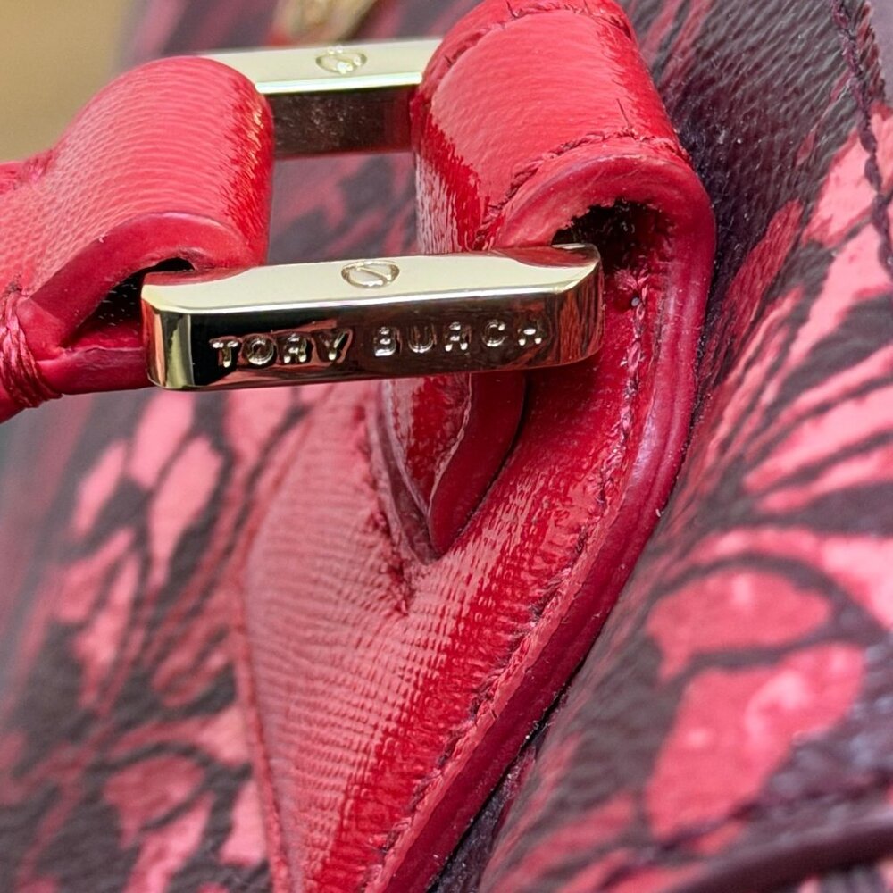 Tory Burch Red Floral Printed Satchel Tote Bag Adjustable Crossbody Vintage - Picture 8 of 11
